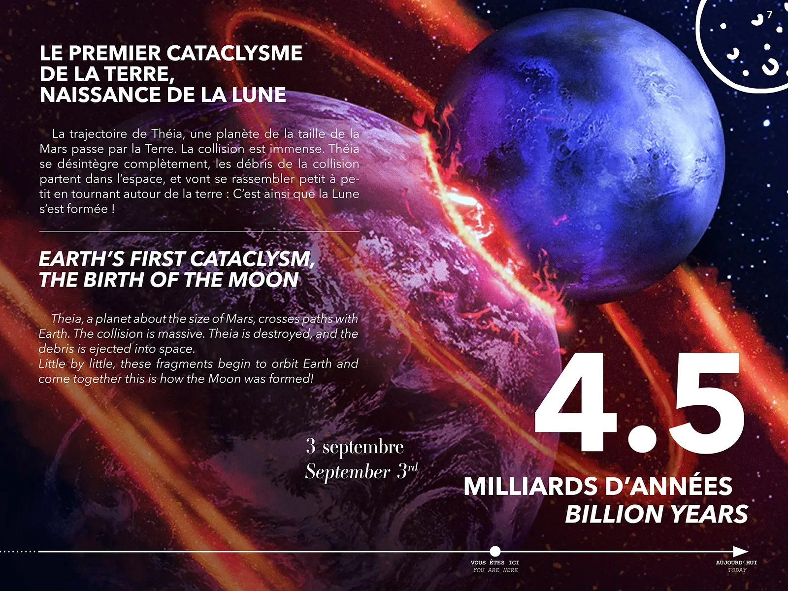 Collision entre la Terre et Théia, illustrant la naissance de la Lune